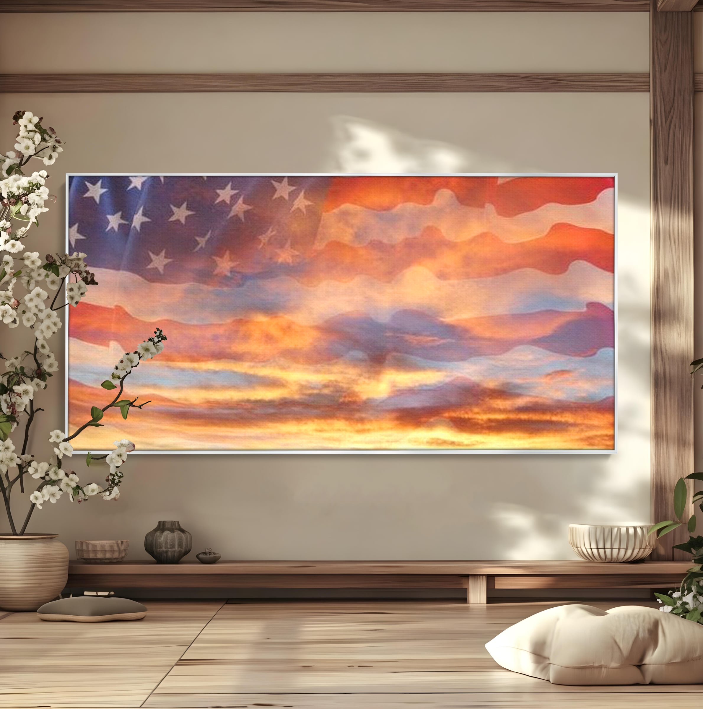 Tablou canvas cu tablou canvas cu steagul american si apus, in rama de aluminiu argintiu